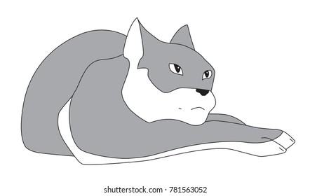 Hand drawn lying gray cat. Vector stylized image on white background. Animal illustration. Isolated for logo or mascot.