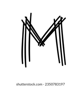 Hand drawn M letter latin english in doodle scribble brush hand drawn style isolated on white background. For lettering, presentation, font, education, logo, signboard, branding, abc, alphabet.