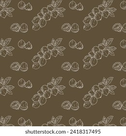 Hand drawn Macadamia nuts Background. Vector illustration on brown backdrop. Outline white sketch on backdrop. 