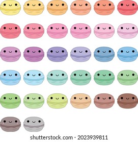 Juego de macarones dibujados a mano. Galletas tradicionales de almendras francesas de diferentes colores, ilustraciones vectoriales aisladas al estilo tierno de las caricaturas.