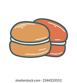 Handgezeichnete Makaroonklammer-Kunst. Traditioneller französischer Makaroon-Farbdoodle-Sketch-Stil. Cremekonfekt, einzelne Vektorgrafik