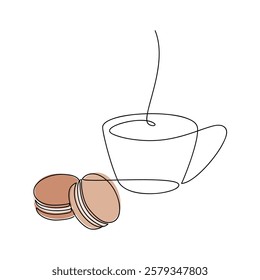 Hand drawn macaroon cookie biscuit line continuous drawing. Coffee cup vector illustration. Pastry linear icon. Minimal design, print, banner, card, product logo, brochure, menu, bakery shop sign