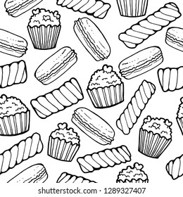 Hand drawn macaroons, marshmallow and cupcake seamless  pattern. Black and white food vector background.