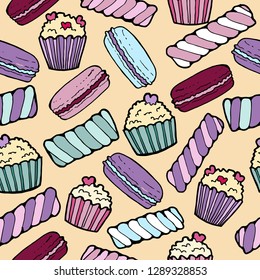 Hand drawn macaroons, marshmallow and cupcake seamless  pattern. Colored food vector background.