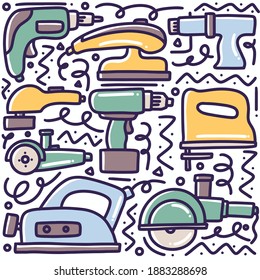conjunto de doodles de equipos de máquinas dibujadas a mano con iconos y elementos de diseño
