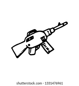 Hand Drawn machine gun doodle. Sketch style icon. Military decoration element. Isolated on white background. Flat design. Vector illustration.