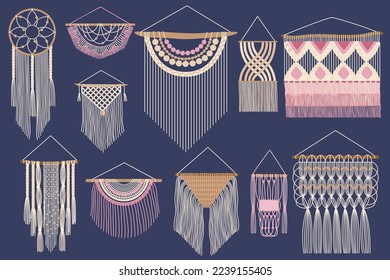 Handgezeichneter Makrame. Skandinavische Illustration: nordische Tapetendekor, Wattestäbchenhängung und handwerklicher Boho-Ornament aus Strickgarn, Vektorset aus Strickgarn