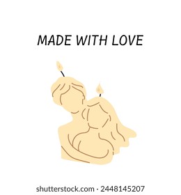 Hand drawn hand made candle - portrait of woman with lettering made with love. Vector illustration can used for cards or labels. 