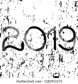 Hand drawn made numbers with grunge brush strokes distress design vector New year 2019