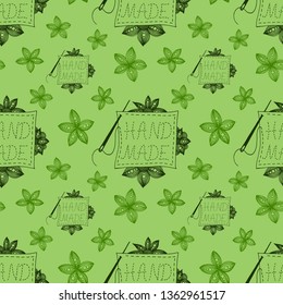 Hand drawn Hand Made seamless pattern with flowers, textile and sewing needle. Vector illustration in doodle style, green tracery on light green background