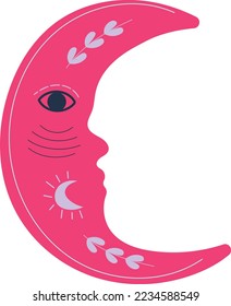 Hand drawn magenta crescent moon illustration