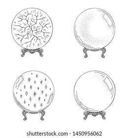 Hand Drawn Magic Ball Set. Crystal Sketch Vintage Style. Vector Illustration