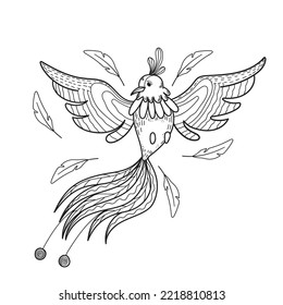 Hand drawn magic bird and feathers. Mystic character. Vector isolated on a white background.