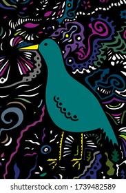 Hand drawn magic bird on a dark background surrounded by abstract colored elements 