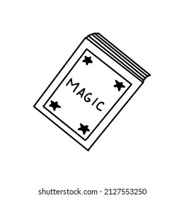Hand drawn magic book doodle style. Mystical items, witch book.