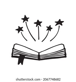 Hand drawn magic book isolated. Doodle vector elements about magic book with glow.Hand drawn illustration with esoteric symbols.For cards,posters,stickers and professional	