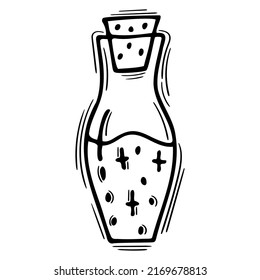 Hand drawn magic bottle with love potion. Doodle alchemist bottle with poison, elixir, antidote. Witchcraft. Vector illustration