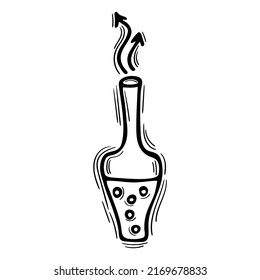 Hand drawn magic bottle with love potion. Witchcraft. Doodle alchemist bottle with elixir, poison, antidote. Vector illustration