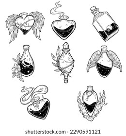 Hand drawn magic bottle set. Vial of poison. Vector illustration isolated. Tattoo design, magic symbol for your use.