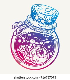 Hand drawn magic bottle. Vector illustration isolated. Tattoo design, magic symbol for your use. Tattoo, logo, art for print, posters, t-shirts and textiles.