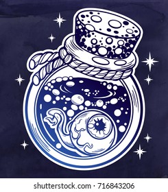 Hand drawn magic bottle. Vector illustration isolated. Tattoo design, magic symbol for your use. Tattoo, logo, art for print, posters, t-shirts and textiles.