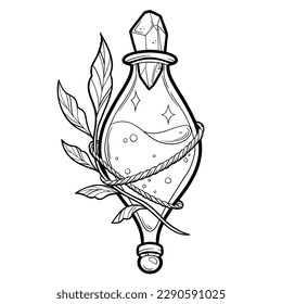 Hand drawn magic bottle. Vial of poison. Vector illustration isolated. Tattoo design, magic symbol for your use.