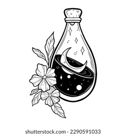 Hand drawn magic bottle. Vial of poison. Vector illustration isolated. Tattoo design, magic symbol for your use.