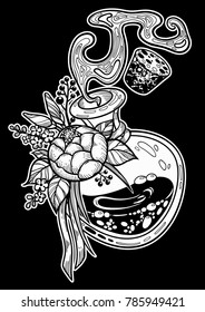 Hand drawn magic bottle. Vial with flower. Gothic style. Vector illustration isolated. Tattoo design, magic symbol for your use.
