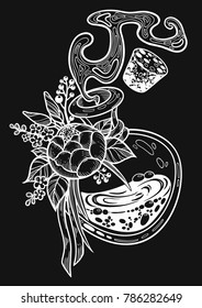 Hand drawn magic bottle. Vial with flower. Gothic style. Vector illustration isolated. Tattoo design, magic symbol for your use.