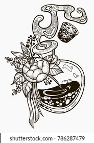 Hand drawn magic bottle. Vial with flower. Gothic style. Vector illustration isolated. Tattoo design, magic symbol for your use.