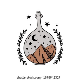 Hand drawn magic bottle for witchcraft, magical boho illustration, vase with mountains and moon inside. Bohemian sketch tattoo, icon, esoteric logo. Vector illustration