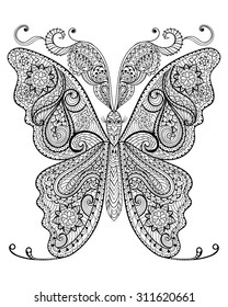 Hand drawn magic butterfly for adult anti stress Coloring Page with high details isolated on white background, illustration in zentangle style. Vector monochrome sketch. Nature collection.