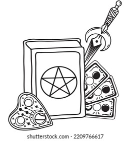 Hand drawn magic composition with ouija board, tarot, dagger and spell book