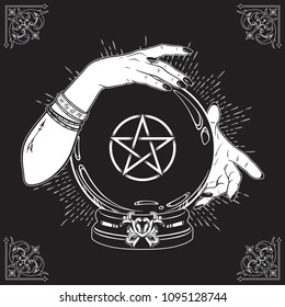 Hand drawn magic crystal ball with pentagram star in hands of fortune teller line art and dot work. Boho chic tattoo, poster or altar veil print design vector illustration