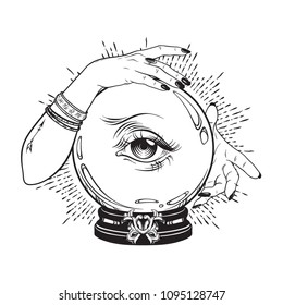 Hand drawn magic crystal ball with eye of providence in hands of fortune teller. Boho chic line art tattoo, poster or altar veil print design vector illustration