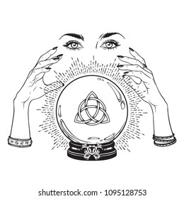 Hand drawn magic crystal ball with Triquetra or Trinity knot in hands of fortune teller line art and dot work. Boho chic tattoo, poster or altar veil print design vector illustration.