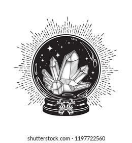 Hand drawn magic crystal ball with gems line art and dot work. Boho chic tattoo, poster or altar veil print design vector illustration