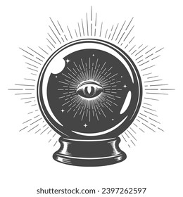 Handgezeichnet Zauberkrystal-Ball mit Auge der Vorsehung Innen. Einzeln auf weißer, 100% handgezeichneter Vektorgrafik. Es wurde keine AI verwendet.