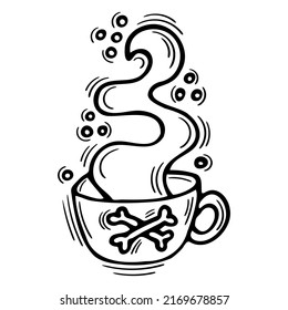 Hand drawn magic cup with love potion. Doodle alchemist mug with poison, elixir, antidote. Witchcraft. Vector illustration