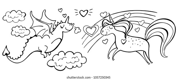 Hand drawn magic cute unicorn, rainbow, heart and dragon isolated on white. Couple in love. Vector illustration. Perfect for print, coloring book, greeting card.