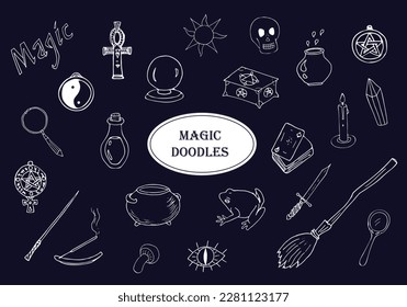 Hand drawn magic doodles, iolated on drak background,  great design for any purposes. Vector illustration