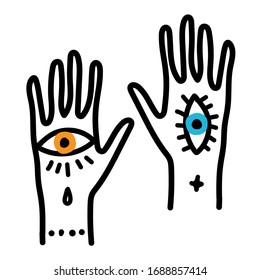 Hand drawn magic elements as hand with the eye, vector illustration