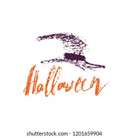 Hand drawn magic hat with lettering Halloween on white background. Can be used for poster, banner, flyer, invitation and web design. Vector illustration.