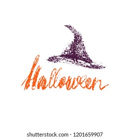 Hand drawn magic hat with lettering Halloween on white background. Can be used for poster, banner, flyer, invitation and web design. Vector illustration.