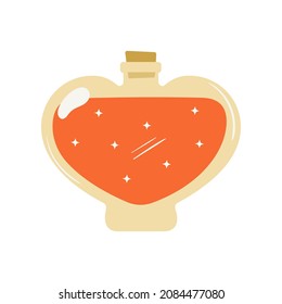 Hand drawn magic love potion with cork isolated on white background. Glass heart bottle with alchemy elixir. Witch shop jar with colorful liquid. Valentine day element vector illustration