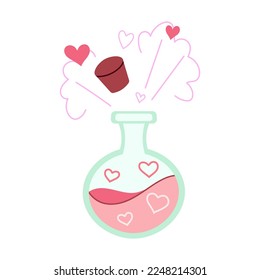 Hand drawn magic love potion bottle with hearts. Doodle in cartoon style. Valentines day. Vector illustration for design isolated on white background.