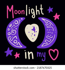 Hand drawn magic moon with lettering. Adorable fantasy vector illustration with crescent, stars, heart and handwritten phrase inscription. Square greeting card, t short print, poster, banner