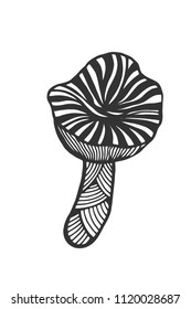 Hand drawn magic mushroom for adult anti stress Coloring Page with high details isolated on white background, illustration in zentangle style. Vector monochrome sketch.