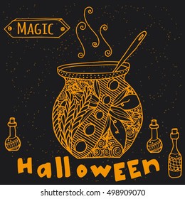 Hand drawn magic pot in doodle style. Hand drawn bottle.