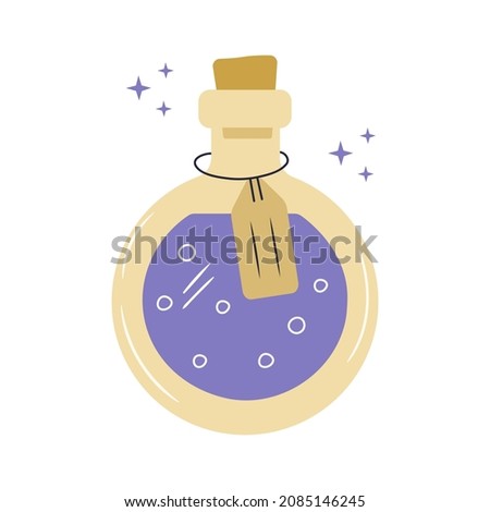 Hand drawn magic potion with cork isolated on white background. Glass bottle with mystic elixir. Witch shop jar with colorful liquid. Alchemy and esoteric vector illustration